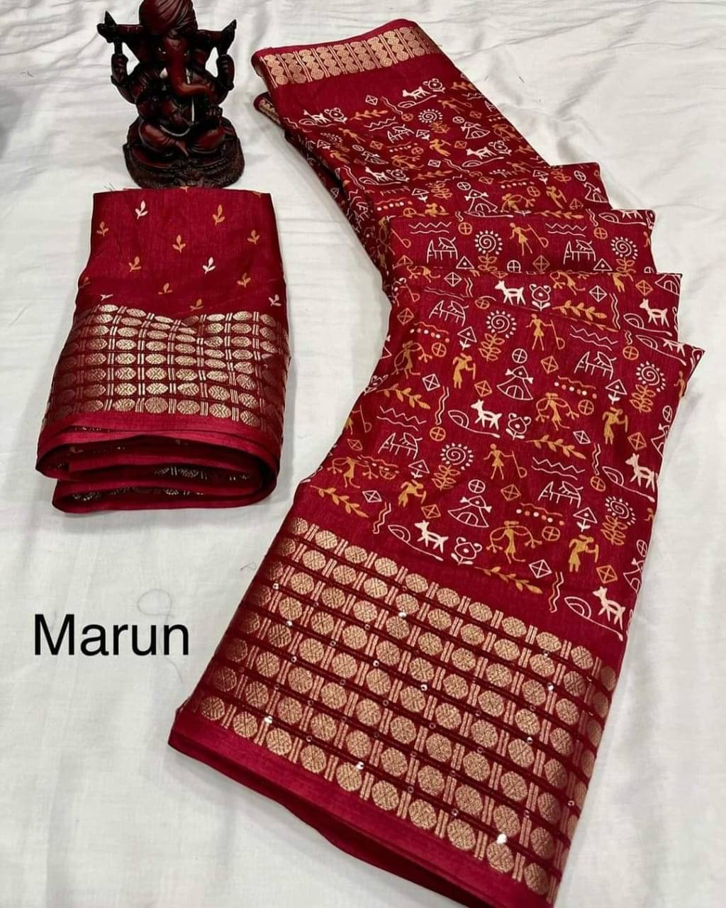     			Bhuwal Fashion Art Silk Printed Saree With Unstitched Blouse Piece ( Maroon )