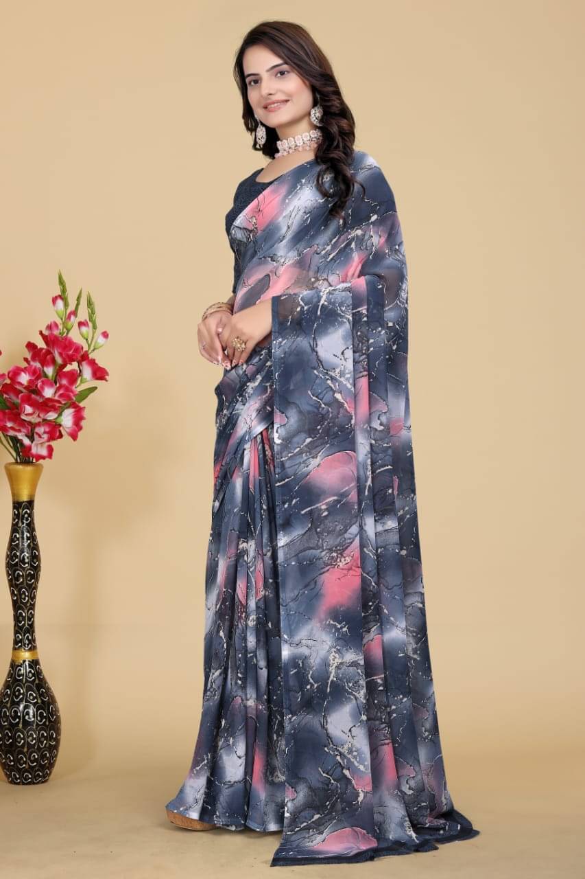 Bhuwal Fashion Georgette Printed Saree With Unstitched Blouse Piece ( Grey Melange ) Bhuwal Fashion Georgette Printed Saree With Unstitched Blouse Piece ( Grey Melange )