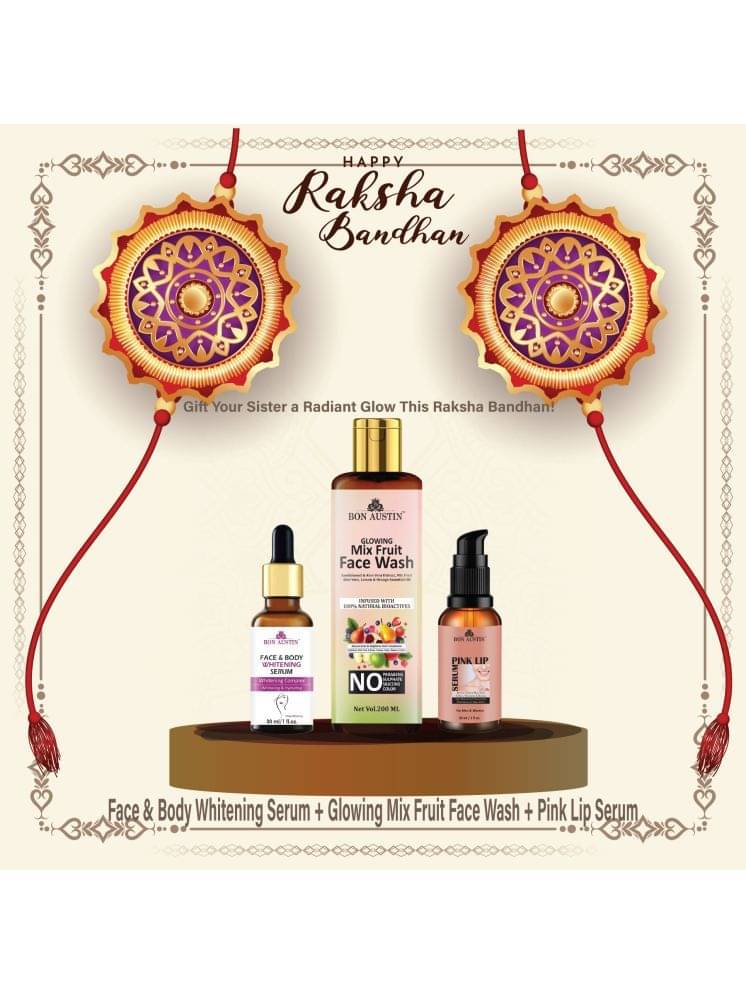 Bon Austin Face and Body Whitening Serum 30ml, Glowing Mix fruit Face wash 200ml & Pink Lip Serum 30ml - Set of 3 Items Bon Austin Face and Body Whitening Serum 30ml, Glowing Mix fruit Face wash 200ml & Pink Lip Serum 30ml - Set of 3 Items