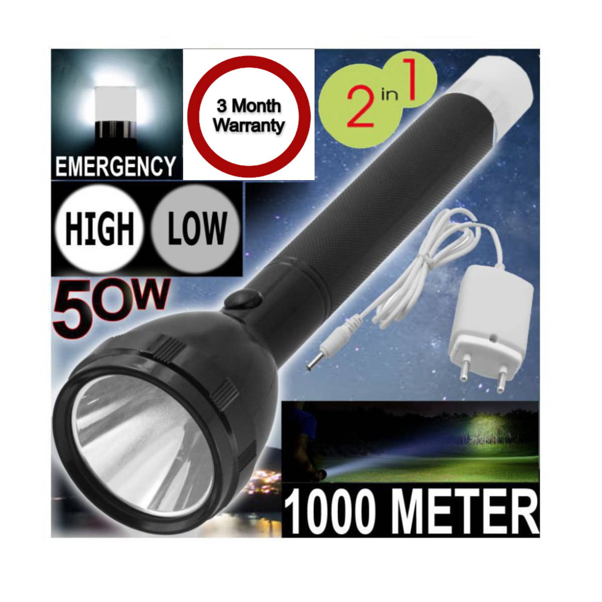     			Cielkart 1000 Meter 4 in 1 - 50W Rechargeable Flashlight Torch ( Pack of 1 )