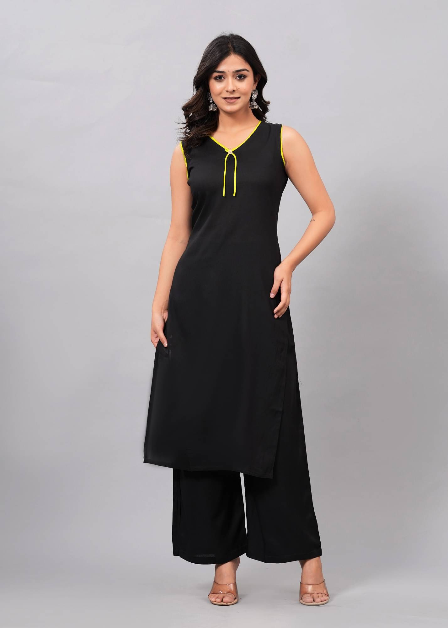 Clothy N Wave Rayon Solid Kurti With Palazzo Women's Stitched Salwar Suit - Black ( Pack of 1 ) Clothy N Wave Rayon Solid Kurti With Palazzo Women's Stitched Salwar Suit - Black ( Pack of 1 )