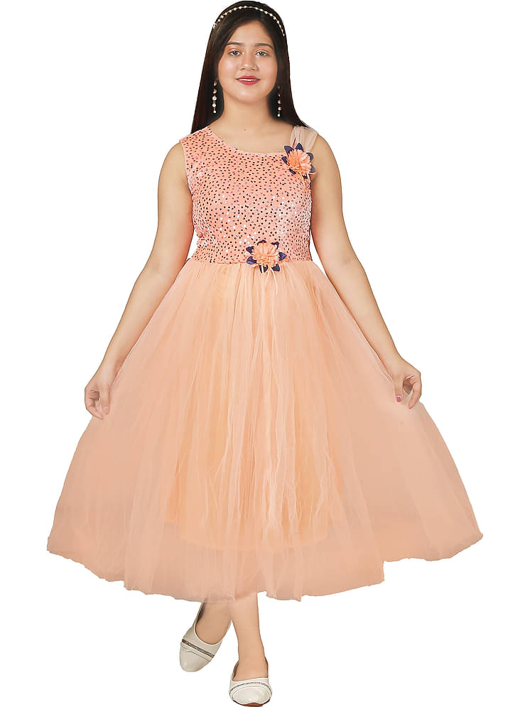 Sky Heights Girls’ White Net Long Frock/ Gown (Party Wear Dress for Kids) 6-7 years