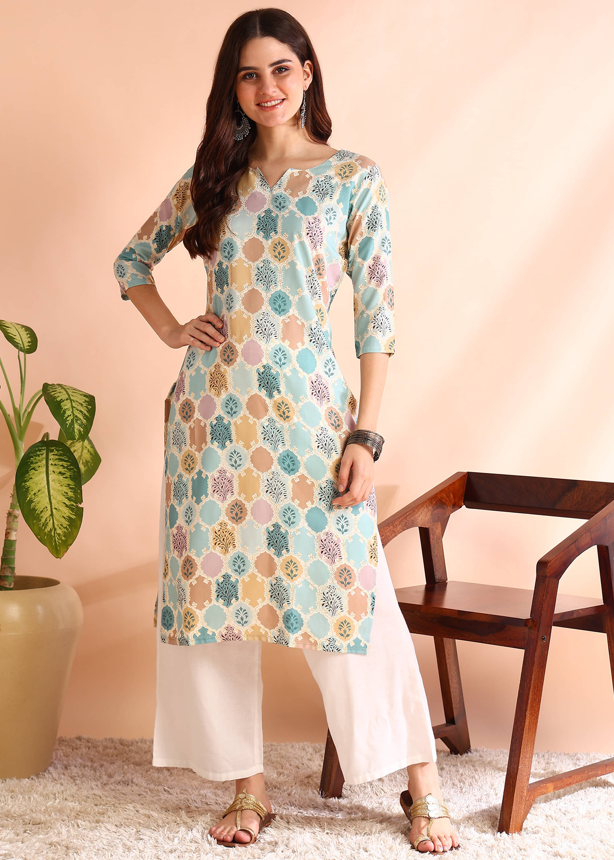     			DSK STUDIO Pack of 1 Viscose Printed Straight Women's Kurti - ( Turquoise )