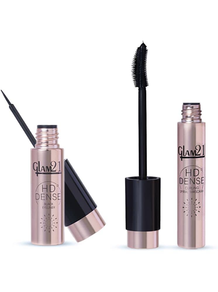 Glam21 Hd Dense Mascara + Black Eyeliner Combo Pack Smudge & Waterproof Stay Upto 12Hrs 2 Items In The Set