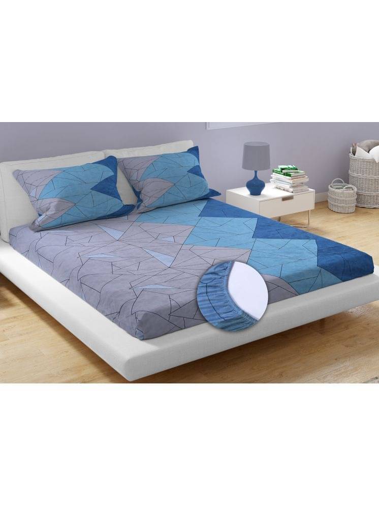     			HomeCrafts Polyester Abstract Fitted Fitted bedsheet with 2 Pillow Covers ( Queen Size ) - Blue