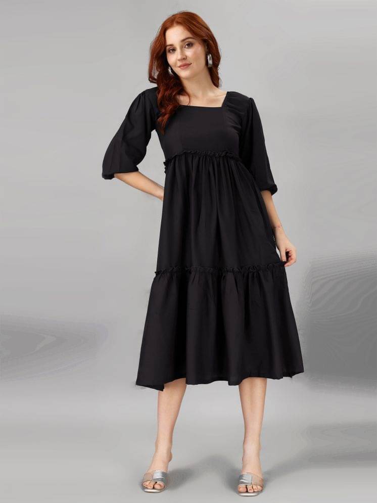 JASH CREATION Polyester Solid Midi Women's Fit & Flare Dress - Black ( Pack of 1 ) JASH CREATION Polyester Solid Midi Women's Fit & Flare Dress - Black ( Pack of 1 )