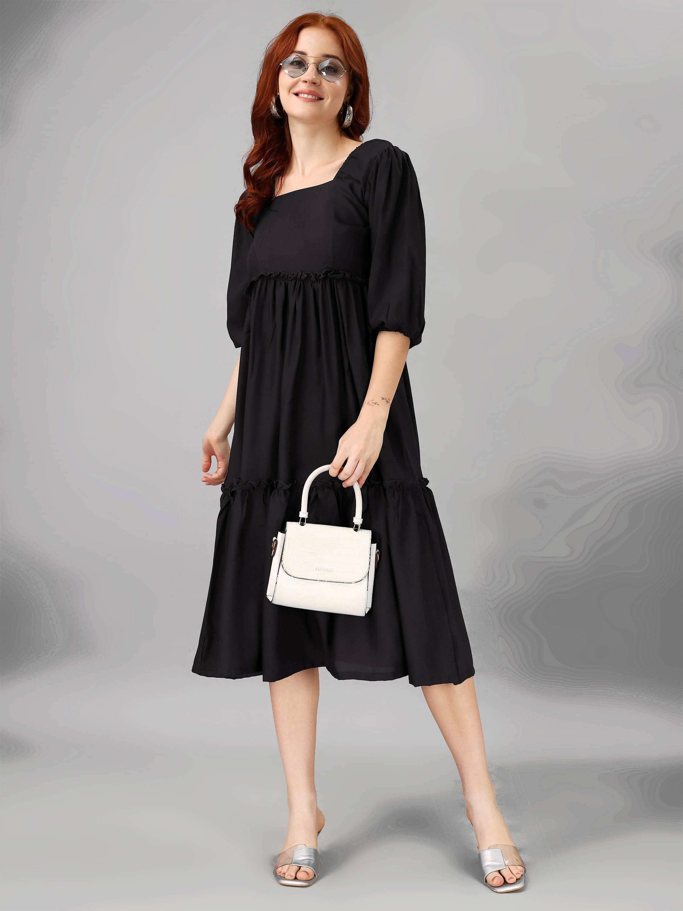 JASH CREATION Polyester Solid Midi Women's Fit & Flare Dress - Black ( Pack of 1 ) JASH CREATION Polyester Solid Midi Women's Fit & Flare Dress - Black ( Pack of 1 )