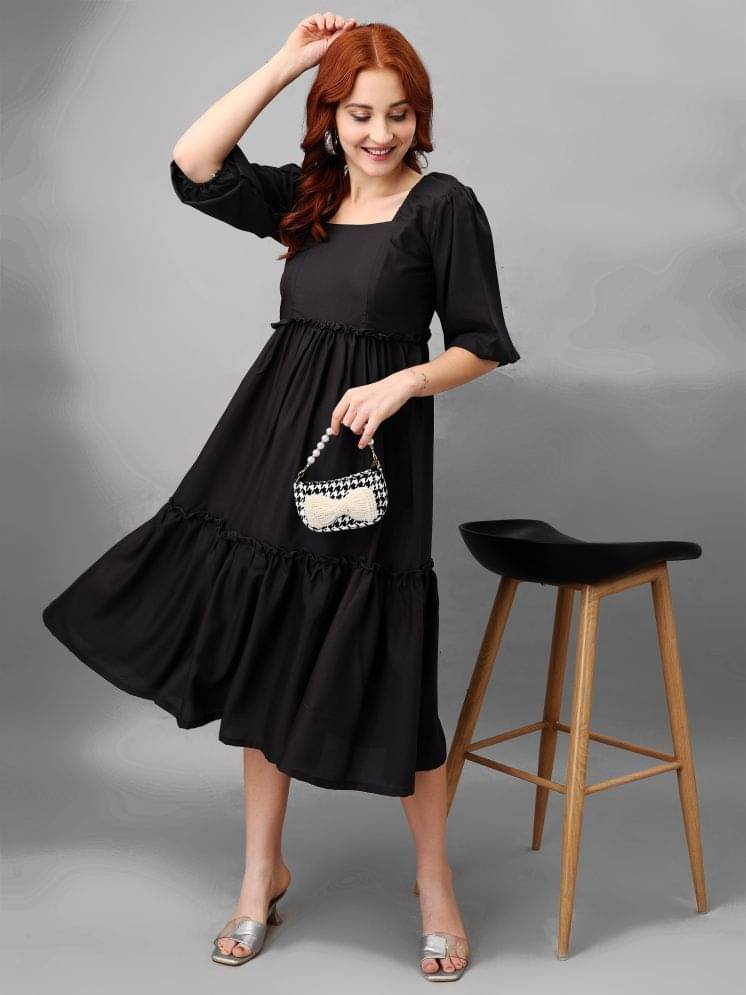 JASH CREATION Polyester Solid Midi Women's Fit & Flare Dress - Black ( Pack of 1 ) JASH CREATION Polyester Solid Midi Women's Fit & Flare Dress - Black ( Pack of 1 )