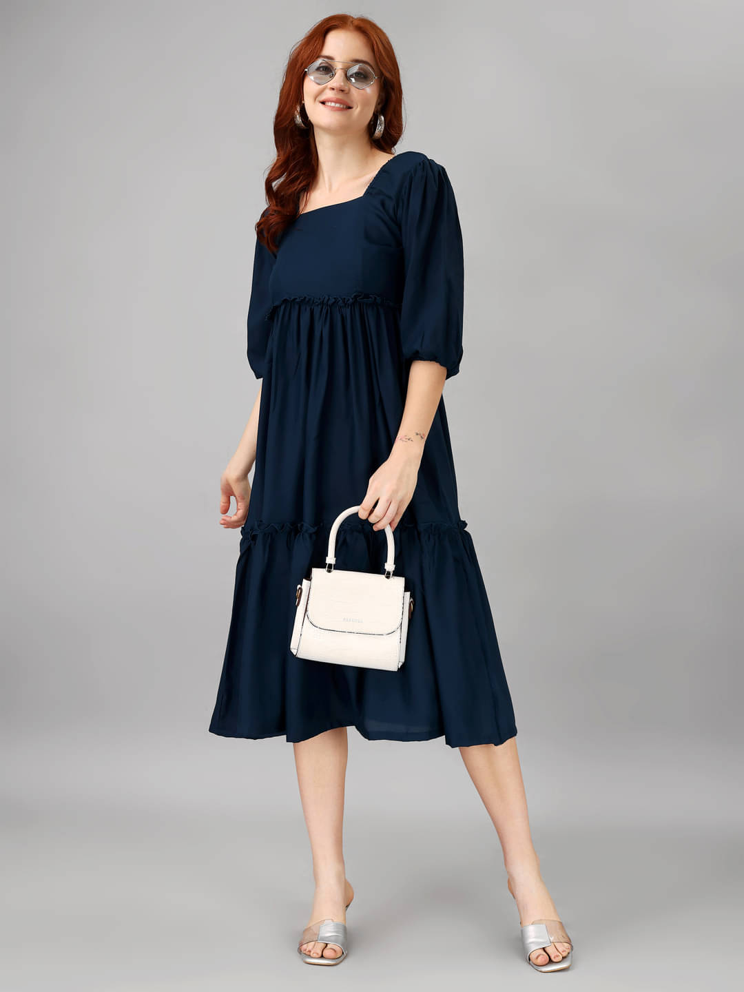JASH CREATION Polyester Solid Midi Women's Fit & Flare Dress - Blue ( Pack of 1 ) JASH CREATION Polyester Solid Midi Women's Fit & Flare Dress - Blue ( Pack of 1 )