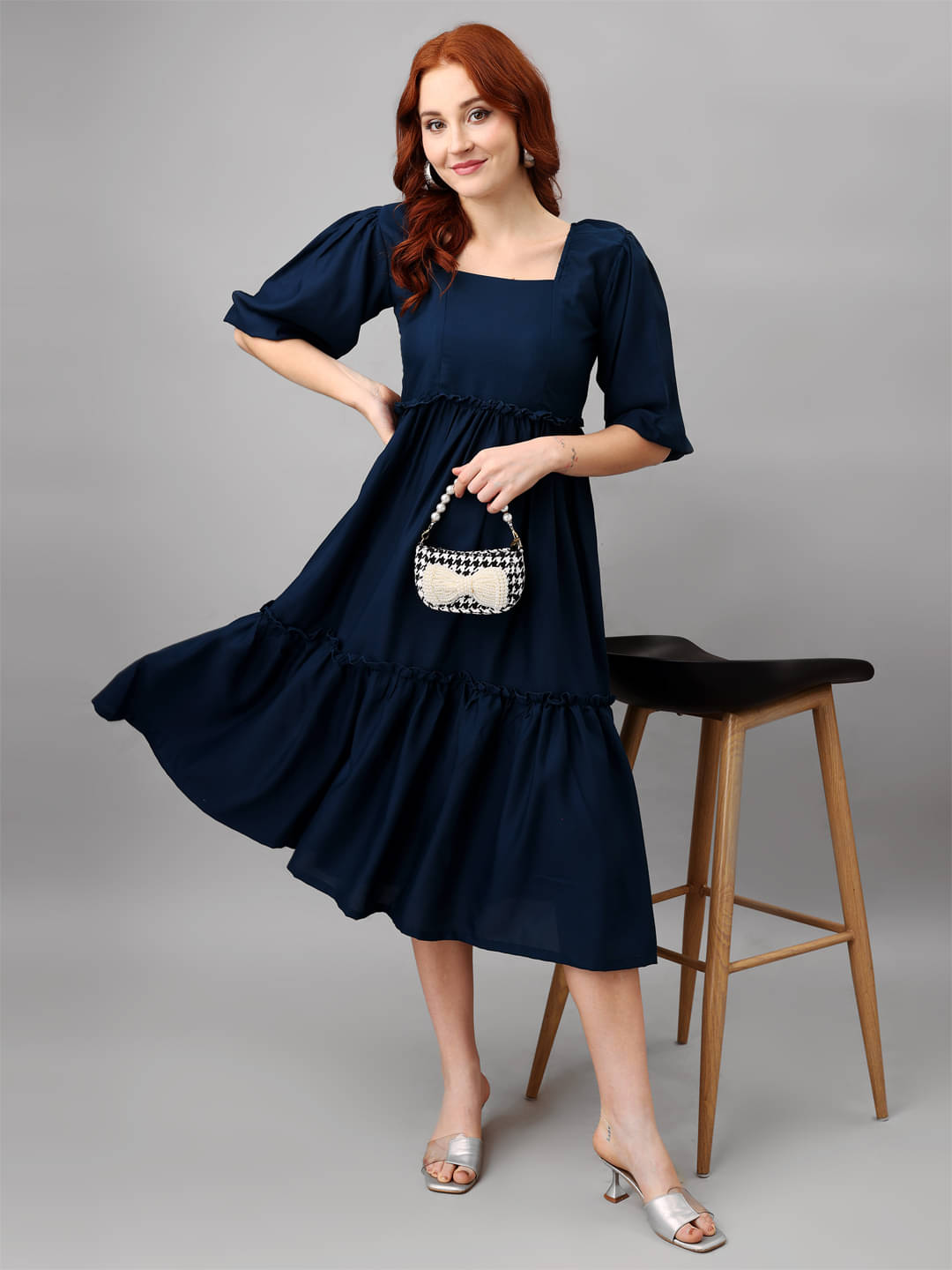 JASH CREATION Polyester Solid Midi Women's Fit & Flare Dress - Blue ( Pack of 1 ) JASH CREATION Polyester Solid Midi Women's Fit & Flare Dress - Blue ( Pack of 1 )