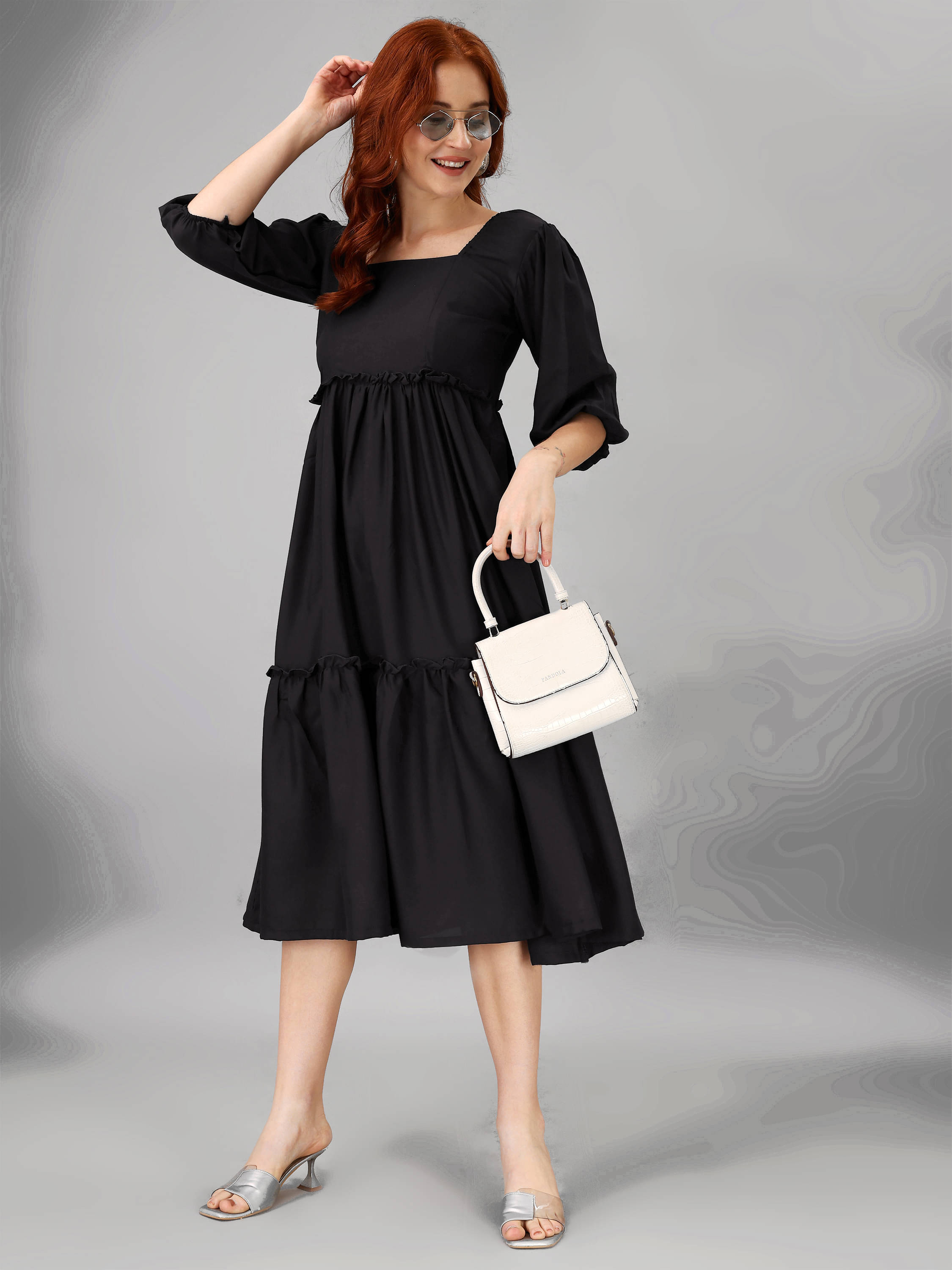 JASH CREATION Polyester Solid Midi Women's Fit & Flare Dress - Black ( Pack of 1 ) JASH CREATION Polyester Solid Midi Women's Fit & Flare Dress - Black ( Pack of 1 )