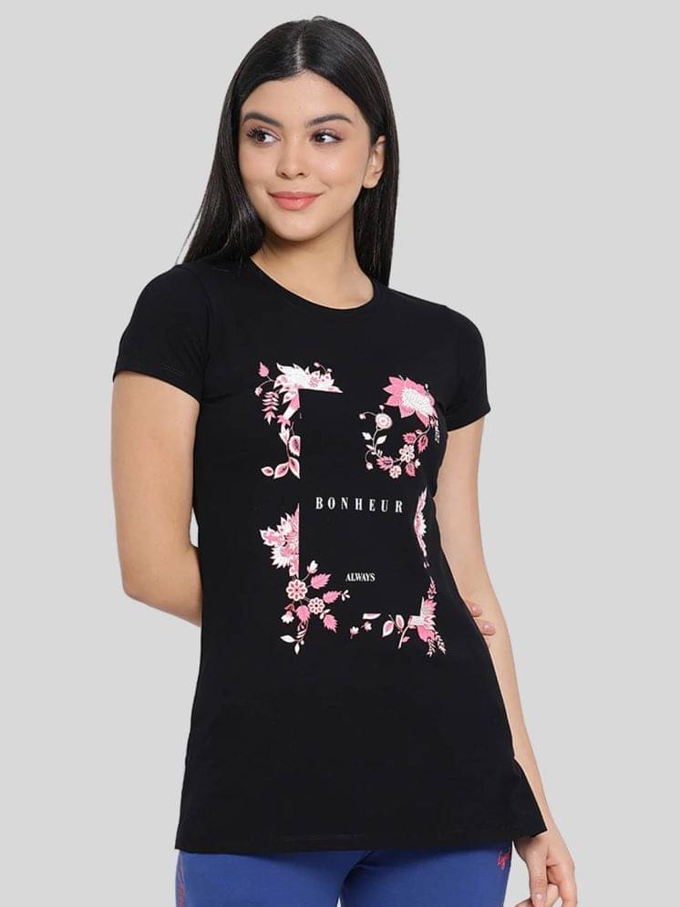 LYRA Women Cotton Printed Regular Fit Round Neck T-Shirt ( Black ) LYRA Women Cotton Printed Regular Fit Round Neck T-Shirt ( Black )