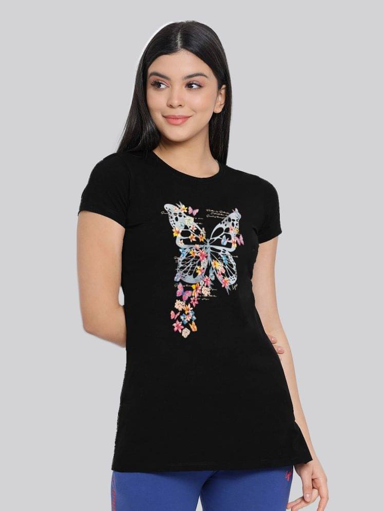 LYRA Women Cotton Printed Regular Fit Round Neck T-Shirt ( Black ) LYRA Women Cotton Printed Regular Fit Round Neck T-Shirt ( Black )