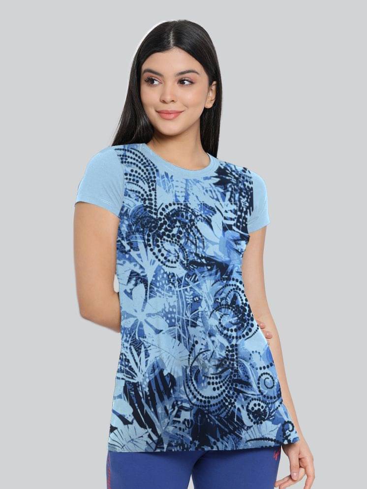     			LYRA Women Cotton Printed Regular Fit Round Neck T-Shirt ( Blue )