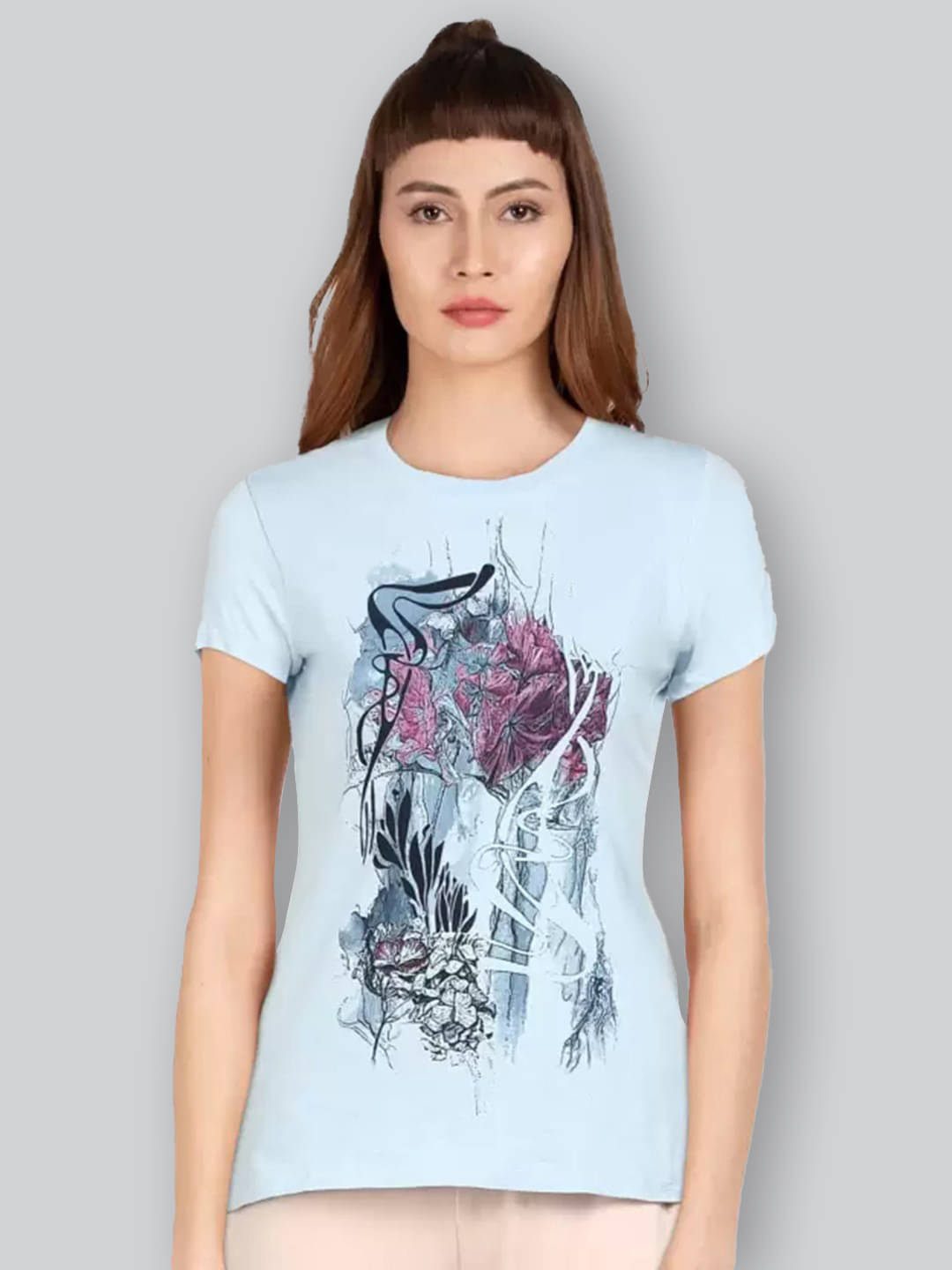     			LYRA Women Cotton Printed Regular Fit Round Neck T-Shirt ( Blue )