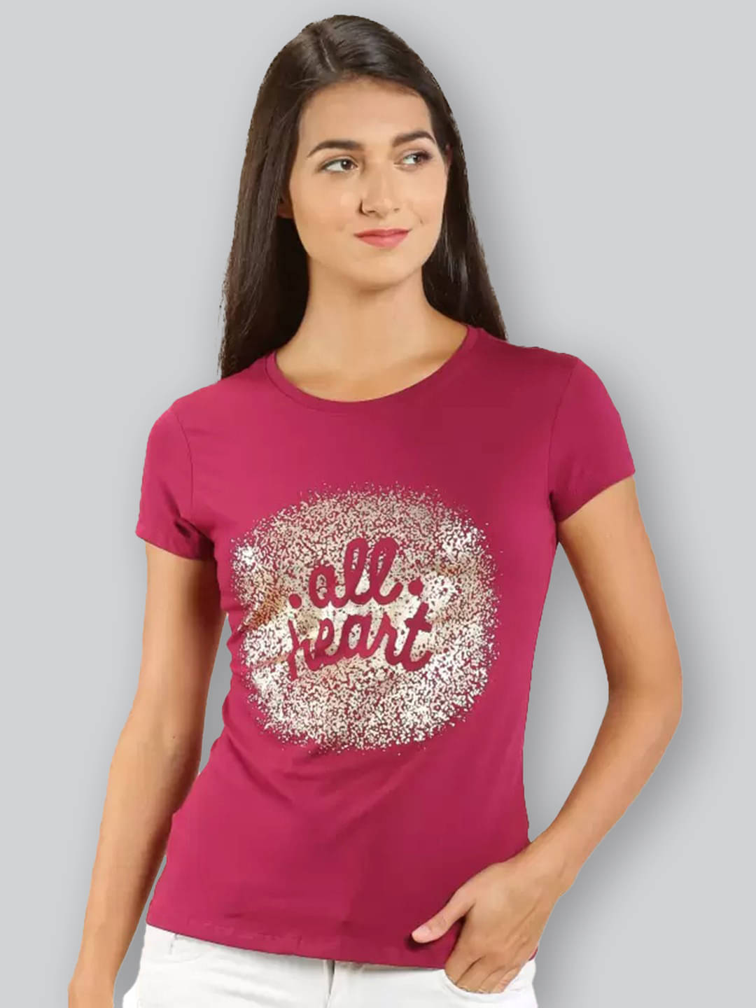 LYRA Women Cotton Printed Regular Fit Round Neck T-Shirt ( Magenta )     			LYRA Women Cotton Printed Regular Fit Round Neck T-Shirt ( Magenta )
