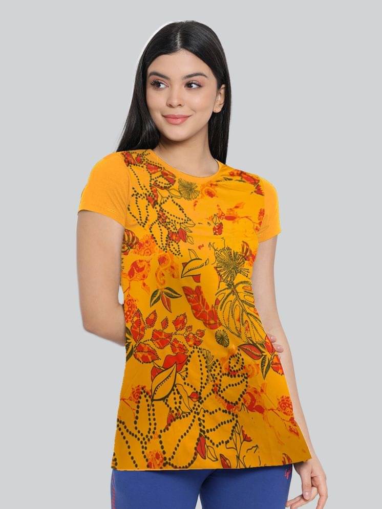 LYRA Women Cotton Printed Regular Fit Round Neck T-Shirt ( Mustard ) LYRA Women Cotton Printed Regular Fit Round Neck T-Shirt ( Mustard )