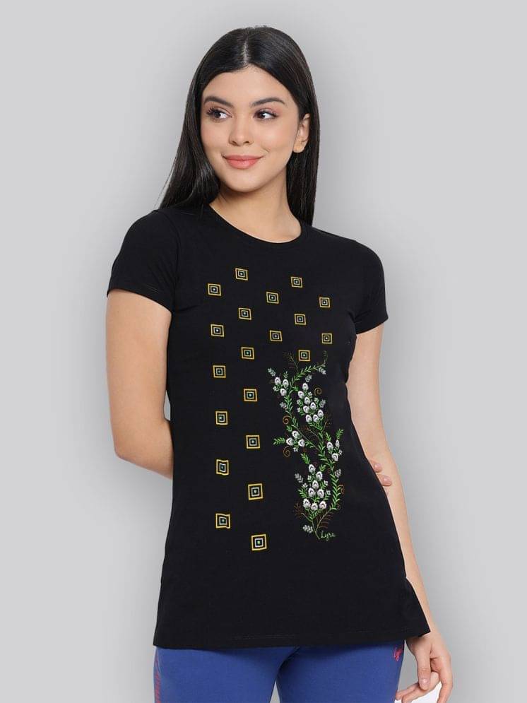     			LYRA Women Cotton Printed Regular Fit Round Neck T-Shirt ( Navy Blue )