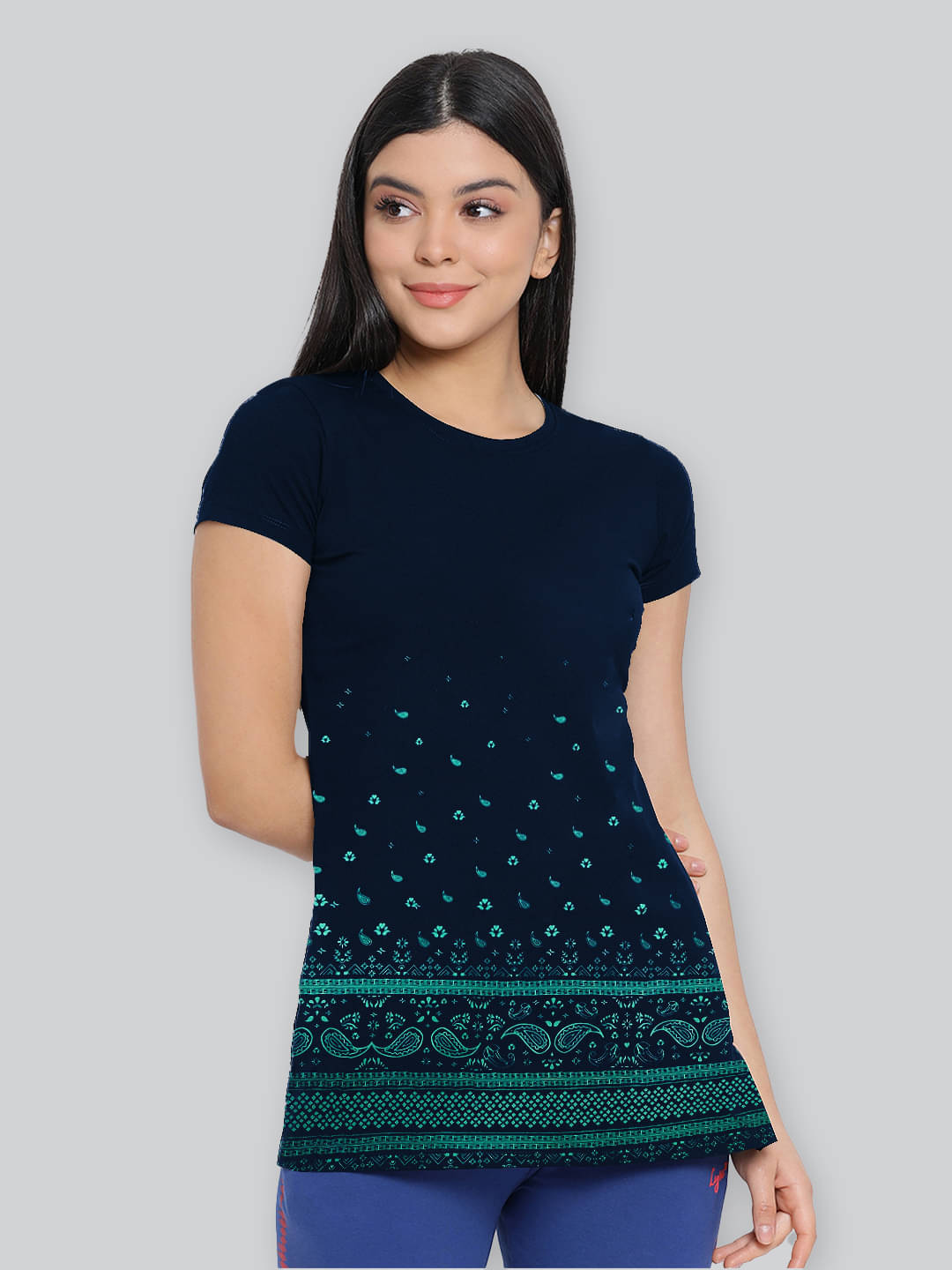     			LYRA Women Cotton Printed Regular Fit Round Neck T-Shirt ( Navy Blue )