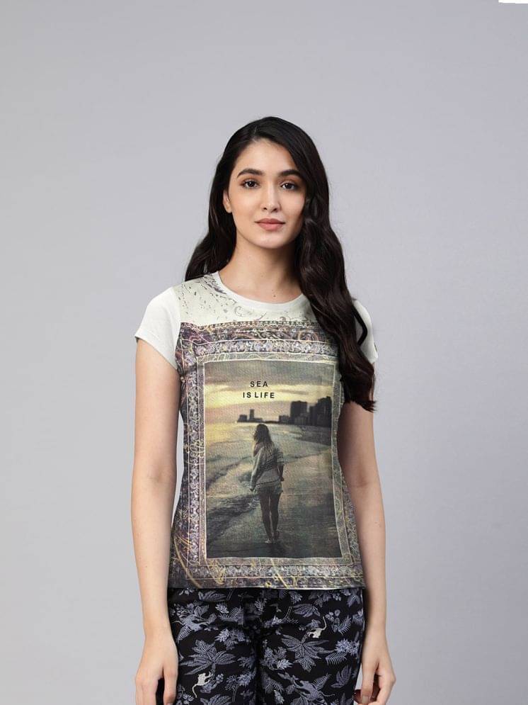     			LYRA Women Cotton Printed Regular Fit Round Neck T-Shirt ( Off White )
