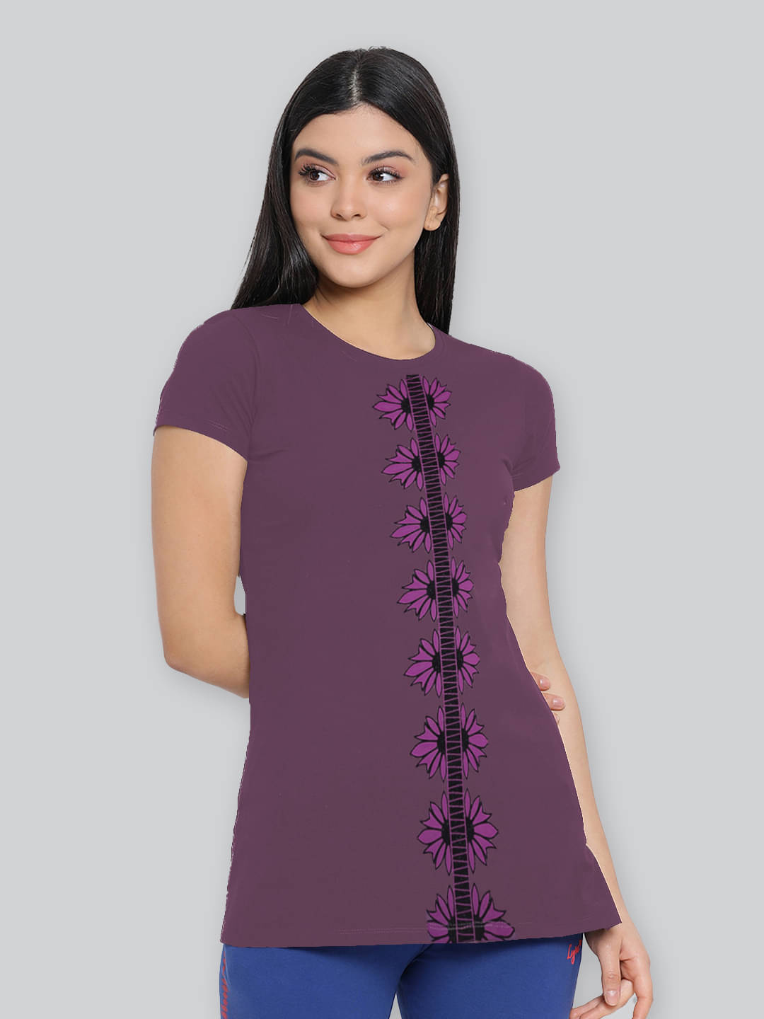     			LYRA Women Cotton Printed Regular Fit Round Neck T-Shirt ( Purple )