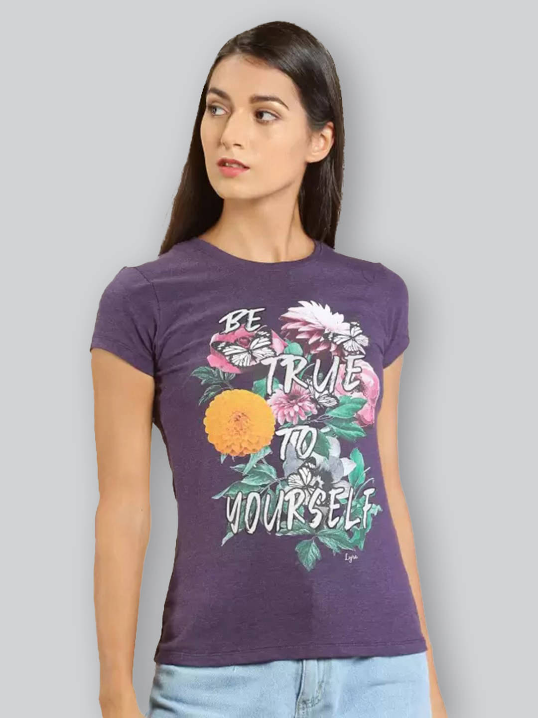     			LYRA Women Cotton Printed Regular Fit Round Neck T-Shirt ( Purple )