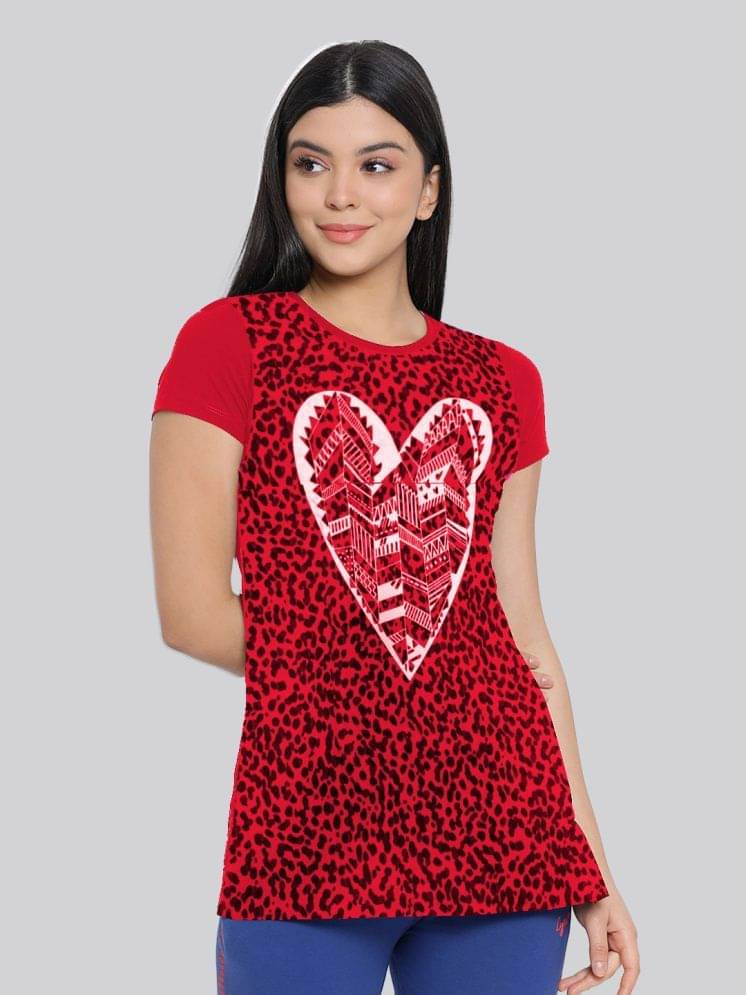 LYRA Women Cotton Printed Regular Fit Round Neck T-Shirt ( Red )     			LYRA Women Cotton Printed Regular Fit Round Neck T-Shirt ( Red )