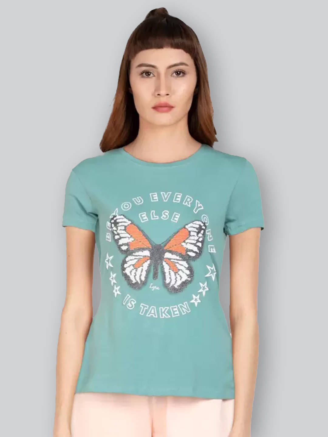 LYRA Women Cotton Printed Regular Fit Round Neck T-Shirt ( Teal ) LYRA Women Cotton Printed Regular Fit Round Neck T-Shirt ( Teal )