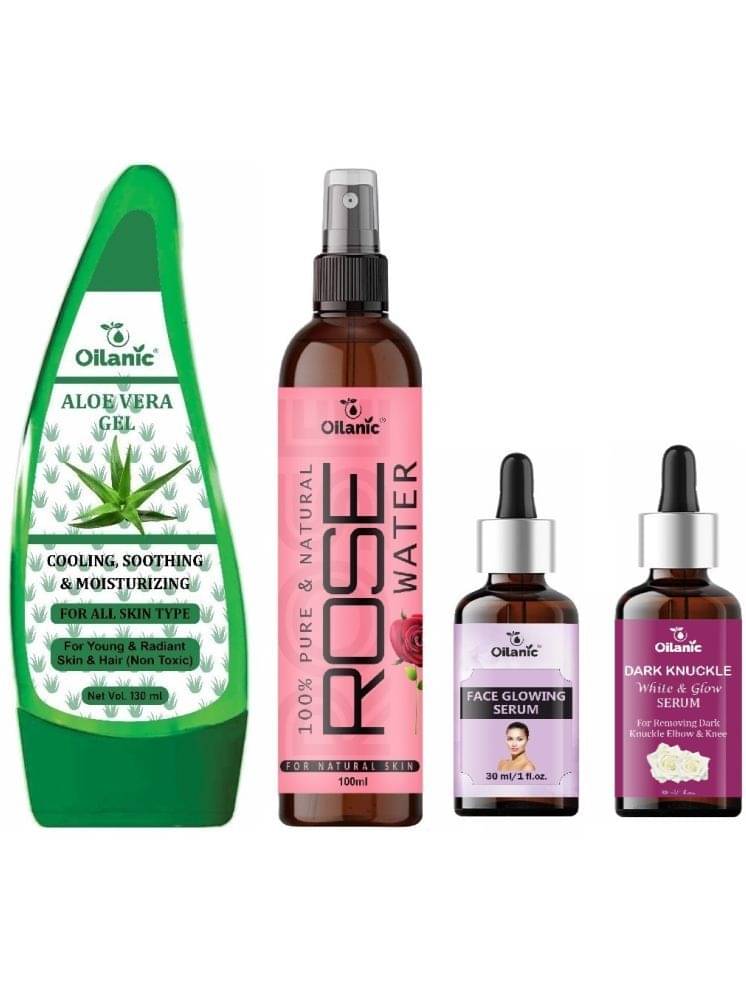Multipurpose Aloe vera Gel - Moisturizing Skin 130ml, Rose water for Hyrated Skin 100ml, Face Glowing Serum 30ml & Dark Knuckle Serum for Whitening 30ml - Combo of 4 Items     			Multipurpose Aloe vera Gel - Moisturizing Skin 130ml, Rose water for Hyrated Skin 100ml, Face Glowing Serum 30ml & Dark Knuckle Serum for Whitening 30ml - Combo of 4 Items