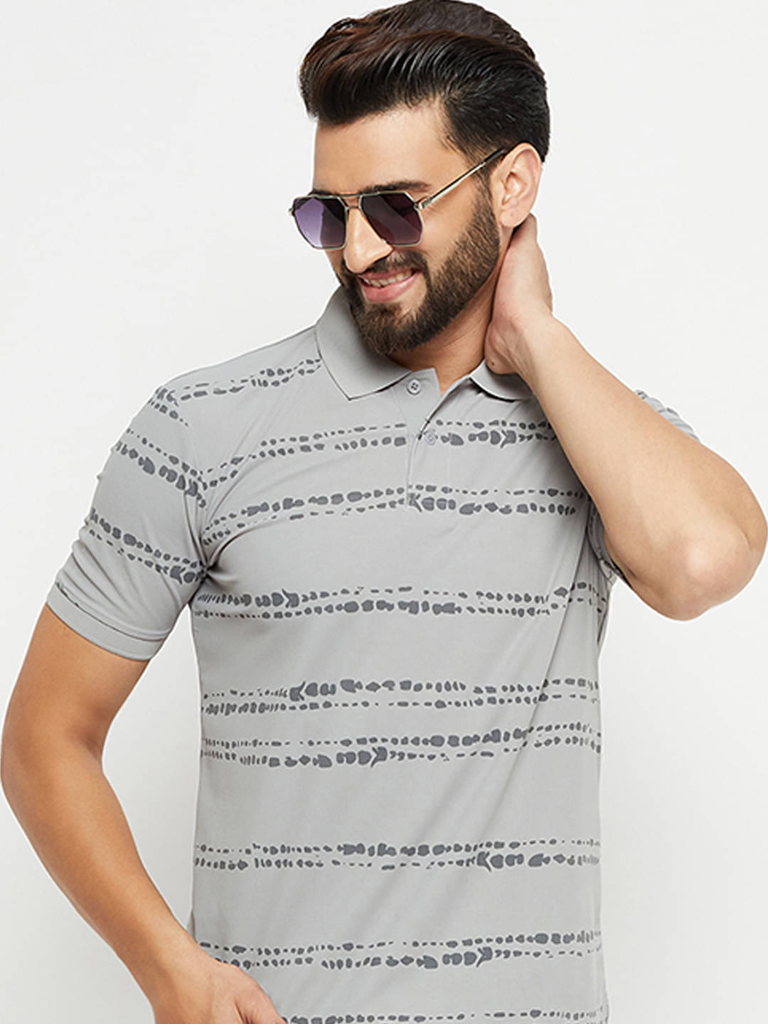 Nuovo Pack of 1 Cotton Blend Regular Fit Striped Half Sleeves Men's Polo T Shirt ( Grey )     			Nuovo Pack of 1 Cotton Blend Regular Fit Striped Half Sleeves Men's Polo T Shirt ( Grey )