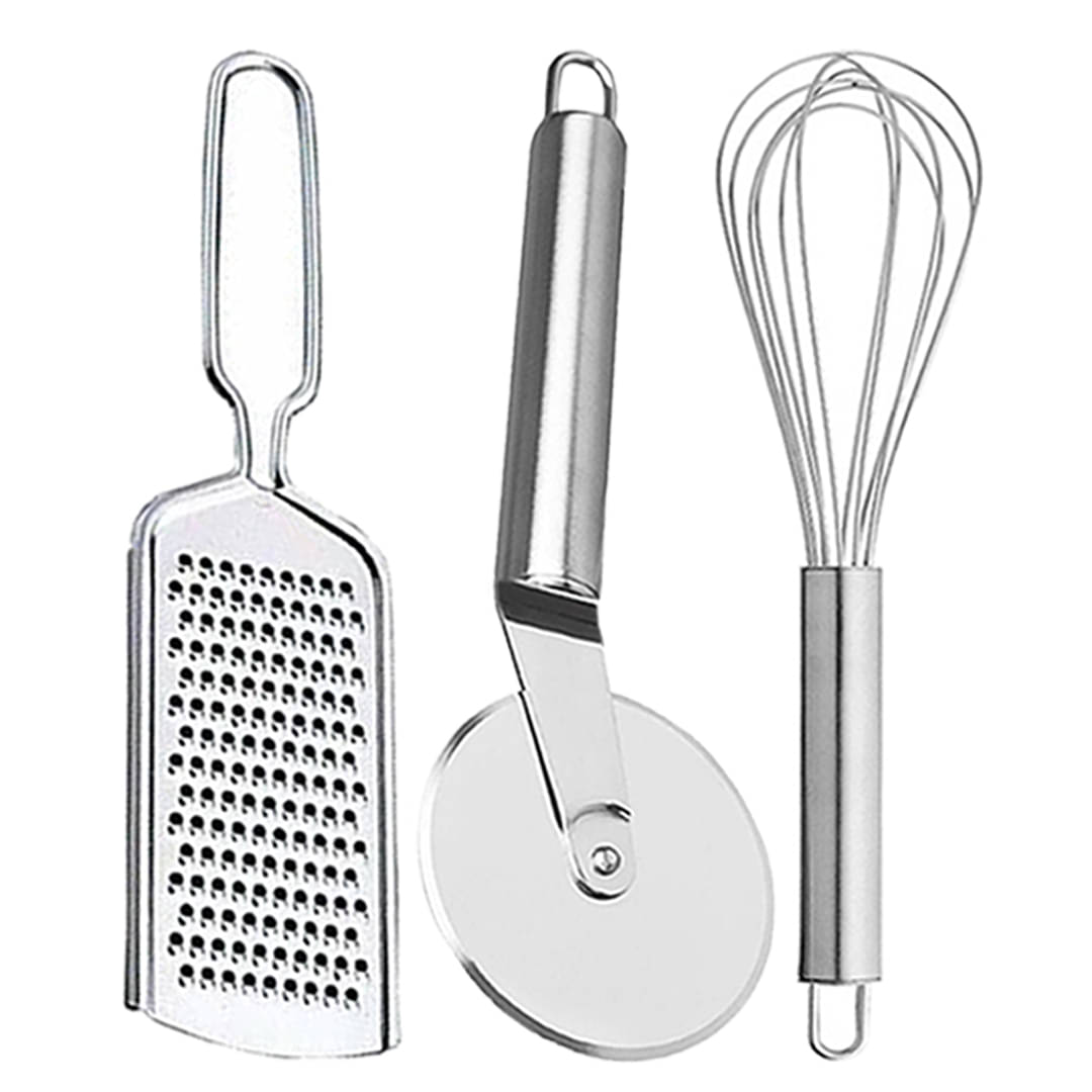     			OC9 Silver Stainless Steel Grater+Pizza Cutter+Whisk ( Set of 3 )