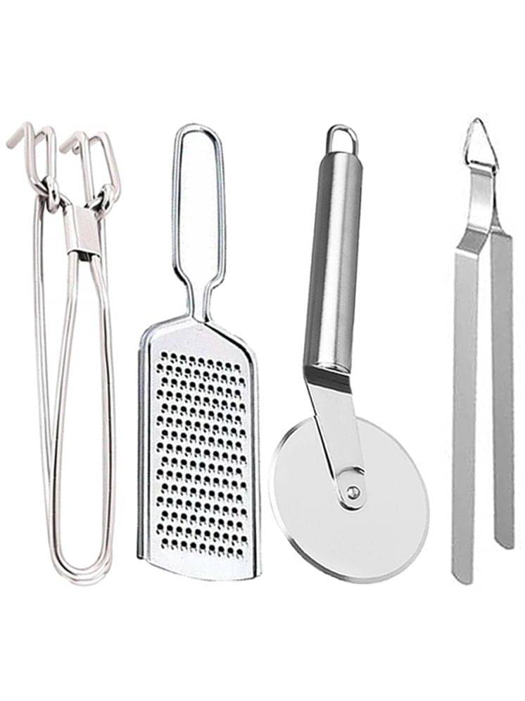     			OC9 Silver Stainless Steel Grater+Pakkad+Pizza Cutter+Chimta ( Set of 4 )