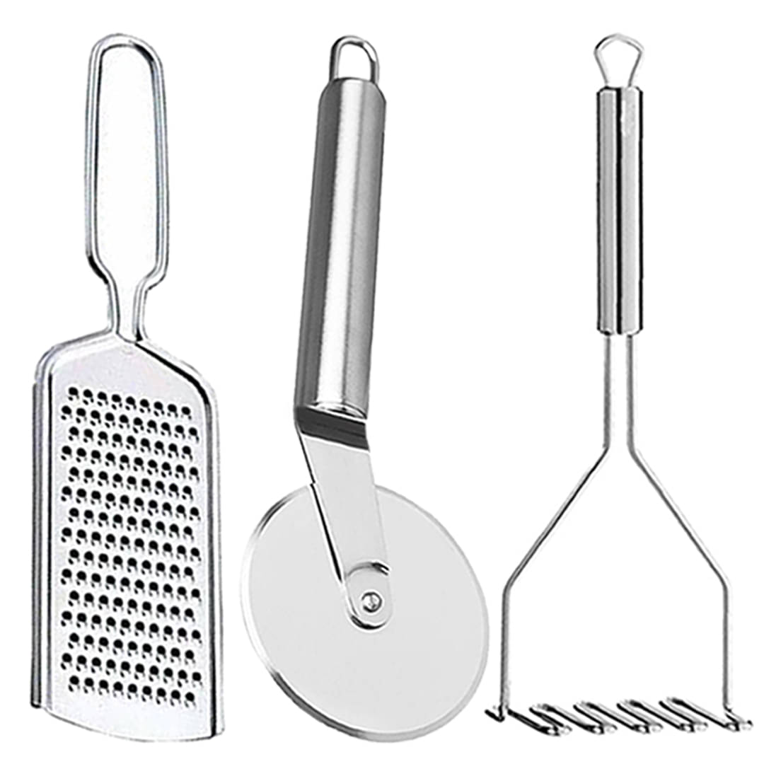     			OC9 Silver Stainless Steel Grater+Pizza Cutter+Masher ( Set of 3 )