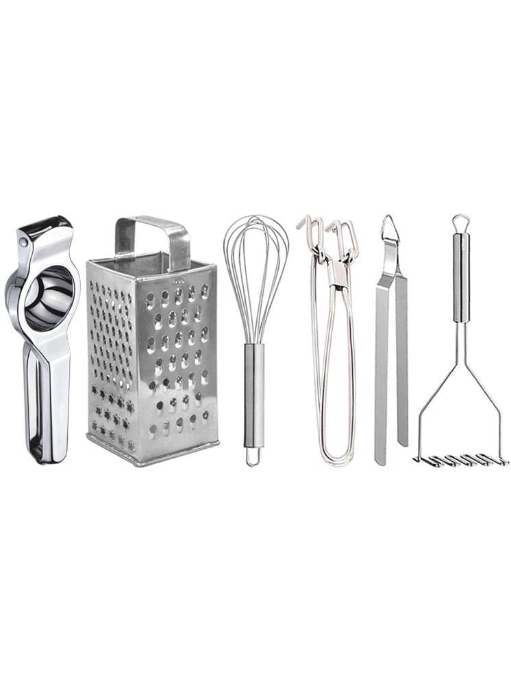     			OC9 Silver Stainless Steel Lemon+Grater+Whisk+Pakkad+Chimta+Masher ( Set of 6 )