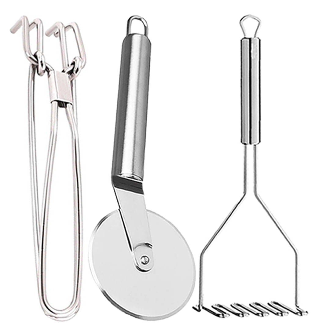     			OC9 Silver Stainless Steel Pakkad+Pizza Cutter+Masher ( Set of 3 )