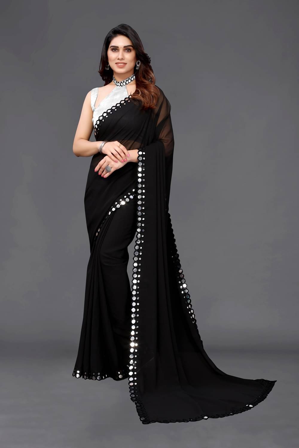 RIDDHI SHIVAY FAB Georgette Embroidered Saree With Unstitched Blouse Piece ( Black ) RIDDHI SHIVAY FAB Georgette Embroidered Saree With Unstitched Blouse Piece ( Black )