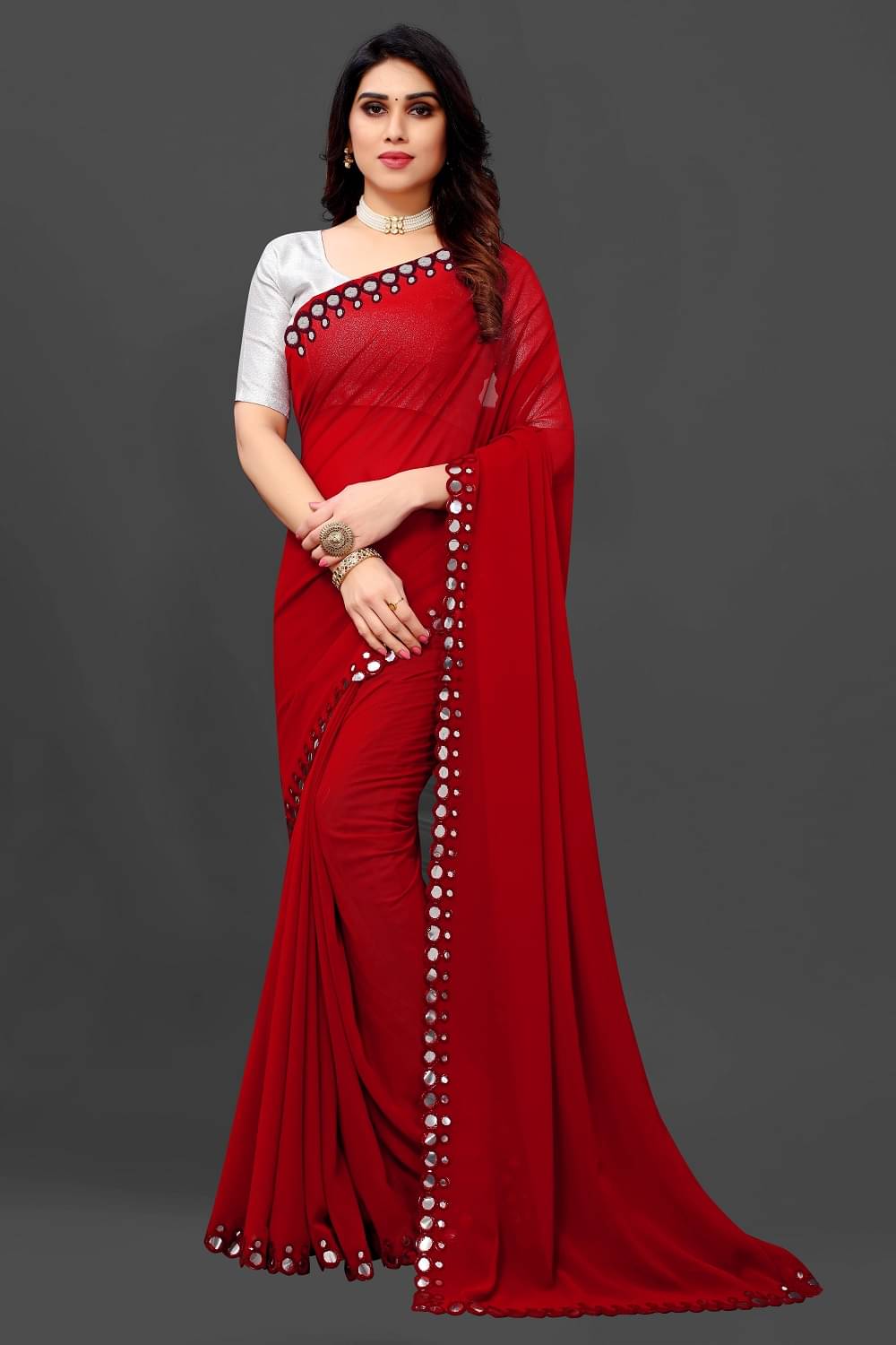 RIDDHI SHIVAY FAB Georgette Embroidered Saree With Unstitched Blouse Piece ( Red )     			RIDDHI SHIVAY FAB Georgette Embroidered Saree With Unstitched Blouse Piece ( Red )
