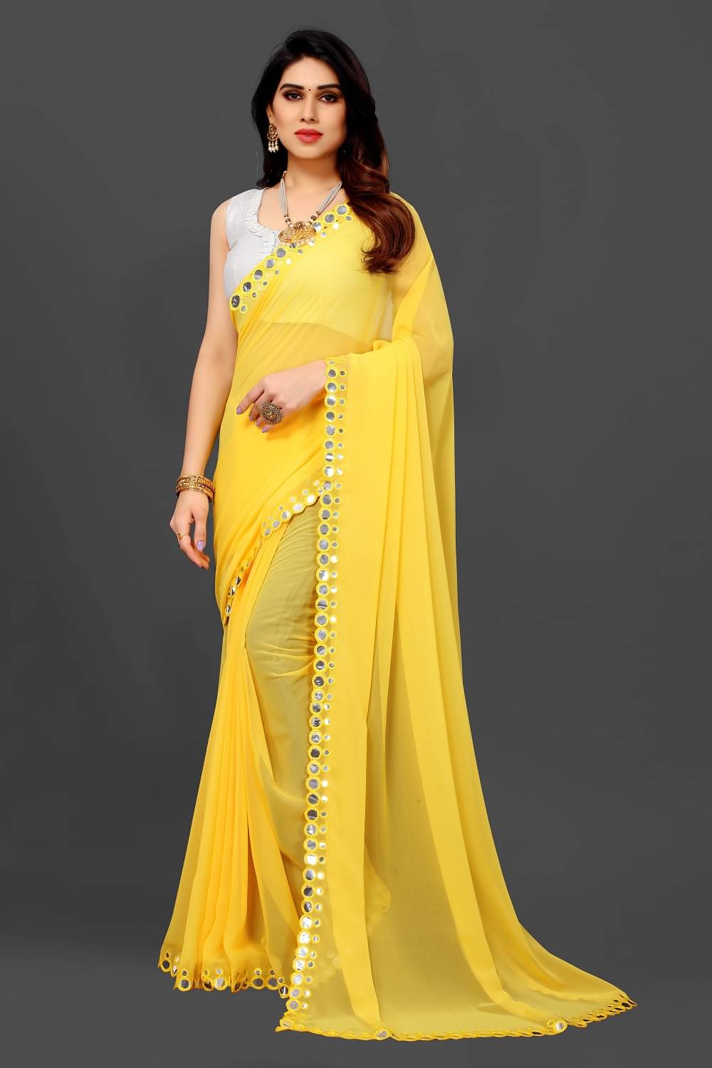 RIDDHI SHIVAY FAB Georgette Embroidered Saree With Unstitched Blouse Piece ( Yellow ) RIDDHI SHIVAY FAB Georgette Embroidered Saree With Unstitched Blouse Piece ( Yellow )