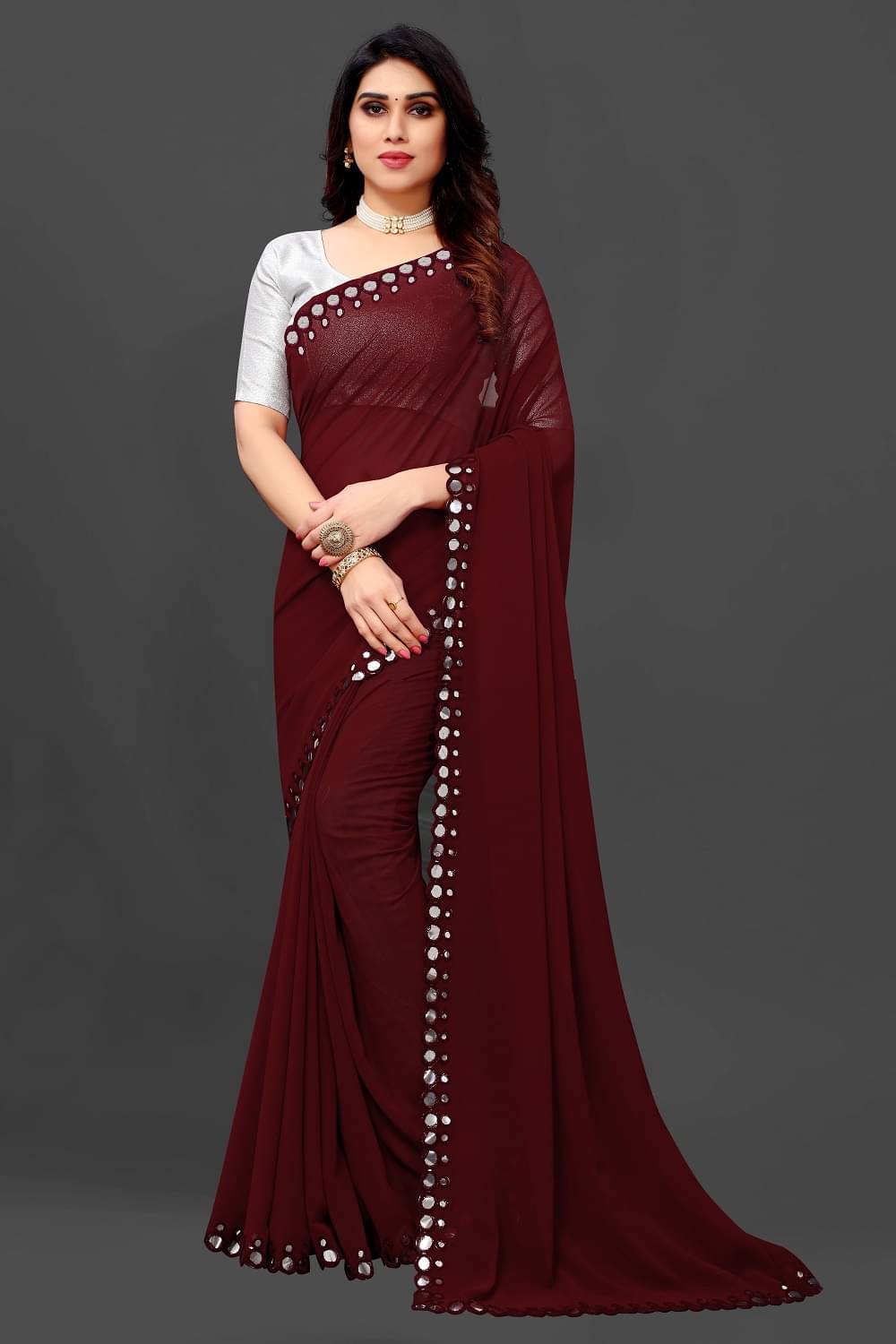 RIDDHI SHIVAY FAB Georgette Embroidered Saree With Unstitched Blouse Piece ( Maroon ) RIDDHI SHIVAY FAB Georgette Embroidered Saree With Unstitched Blouse Piece ( Maroon )