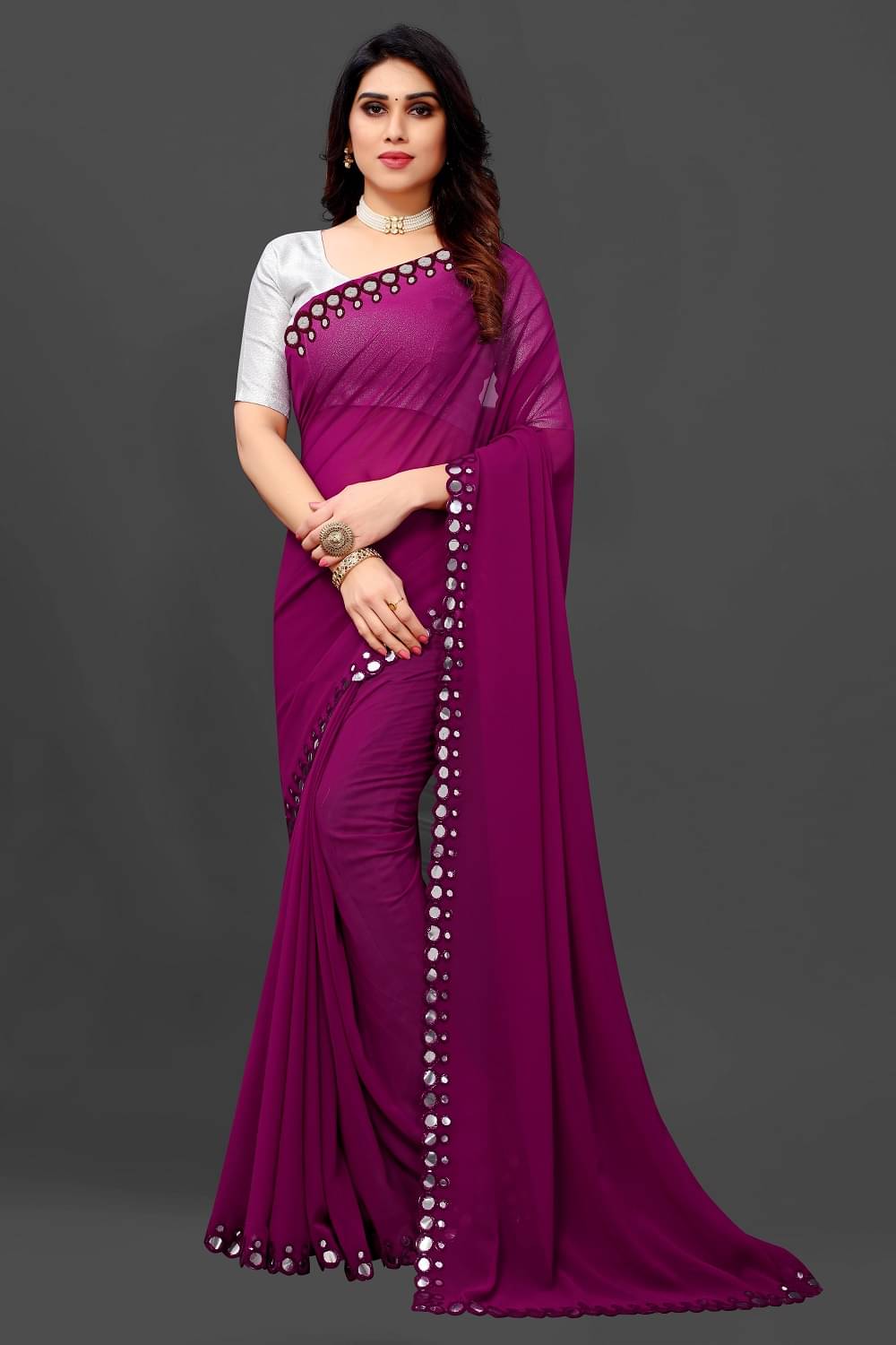     			RIDDHI SHIVAY FAB Georgette Embroidered Saree With Unstitched Blouse Piece ( Wine )