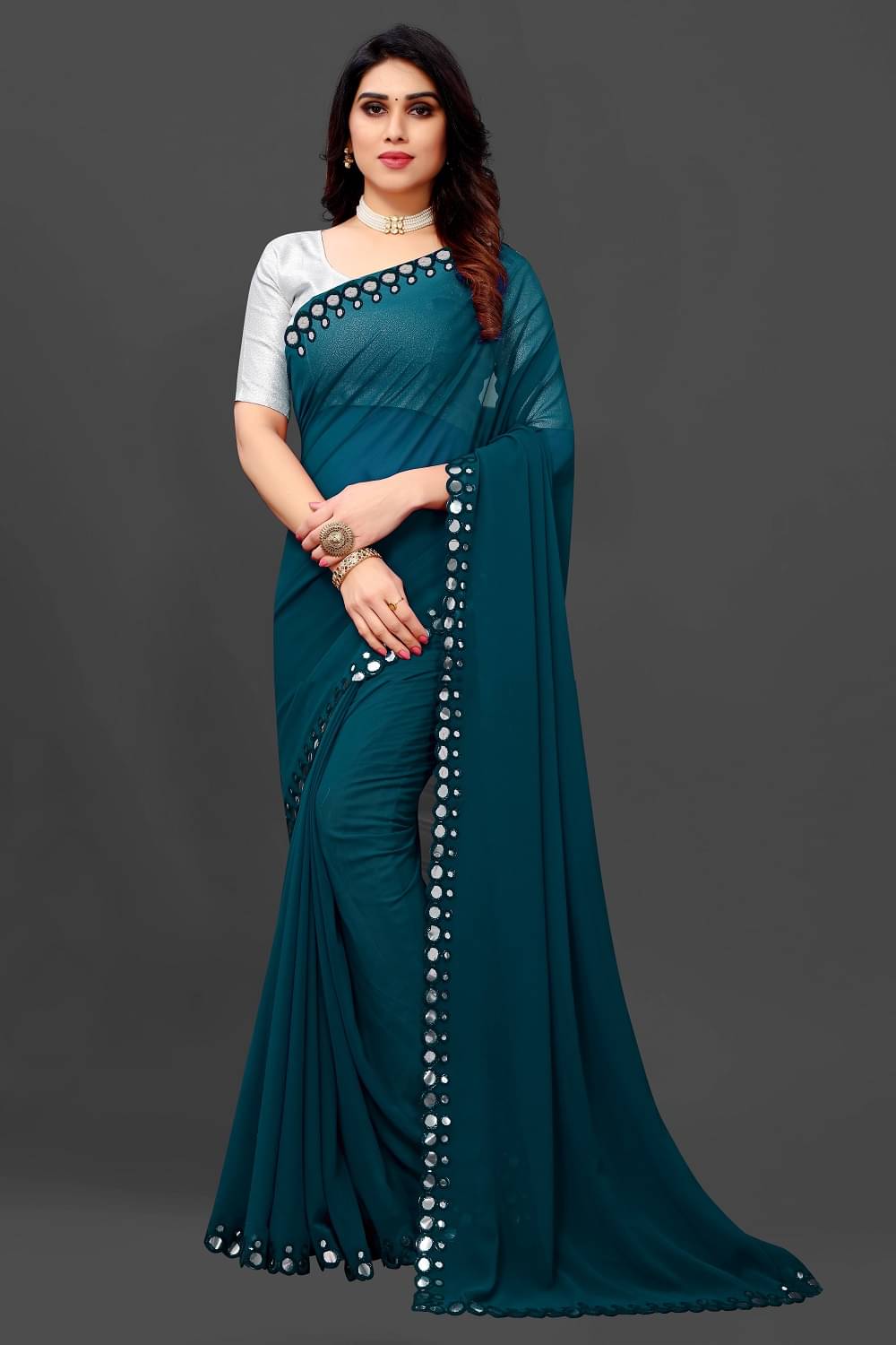     			RIDDHI SHIVAY FAB Georgette Embroidered Saree With Unstitched Blouse Piece ( Rama )