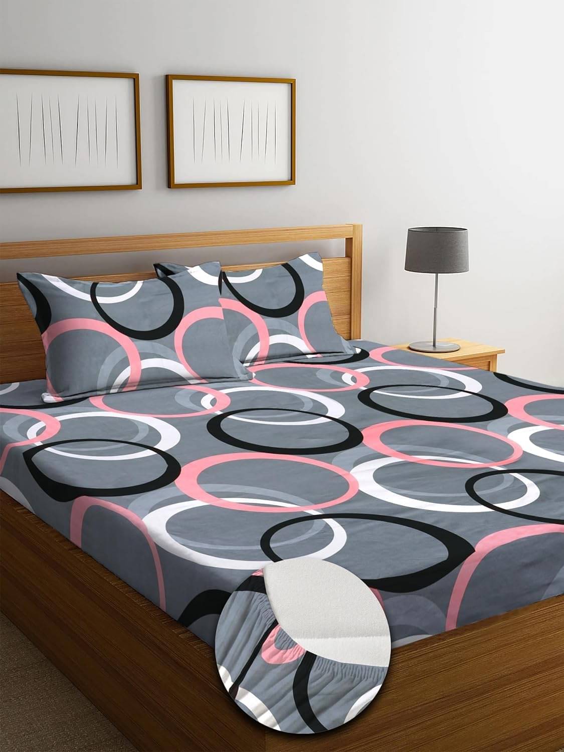     			SWIZIER Cotton Abstract Fitted 1 Bedsheet with 2 Pillow Covers ( King Size ) - Light Grey