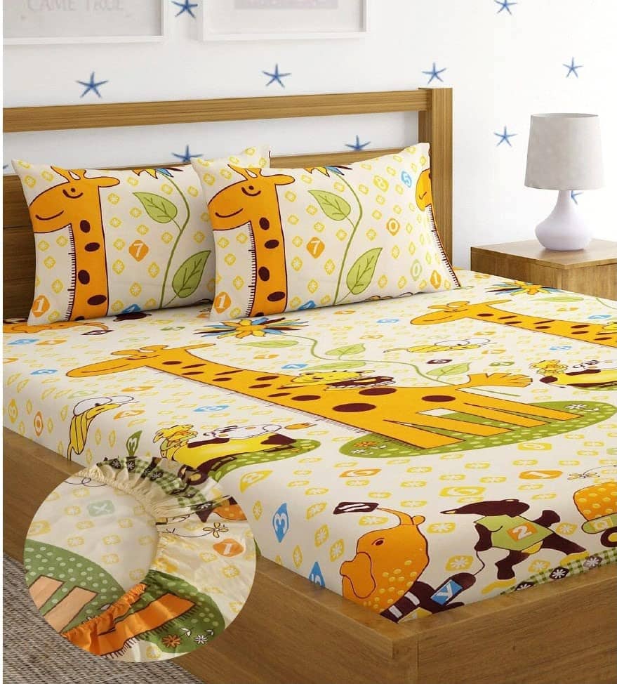 SWIZIER Cotton Animal Fitted 1 Bedsheet with 2 Pillow Covers ( King Size ) - Cream