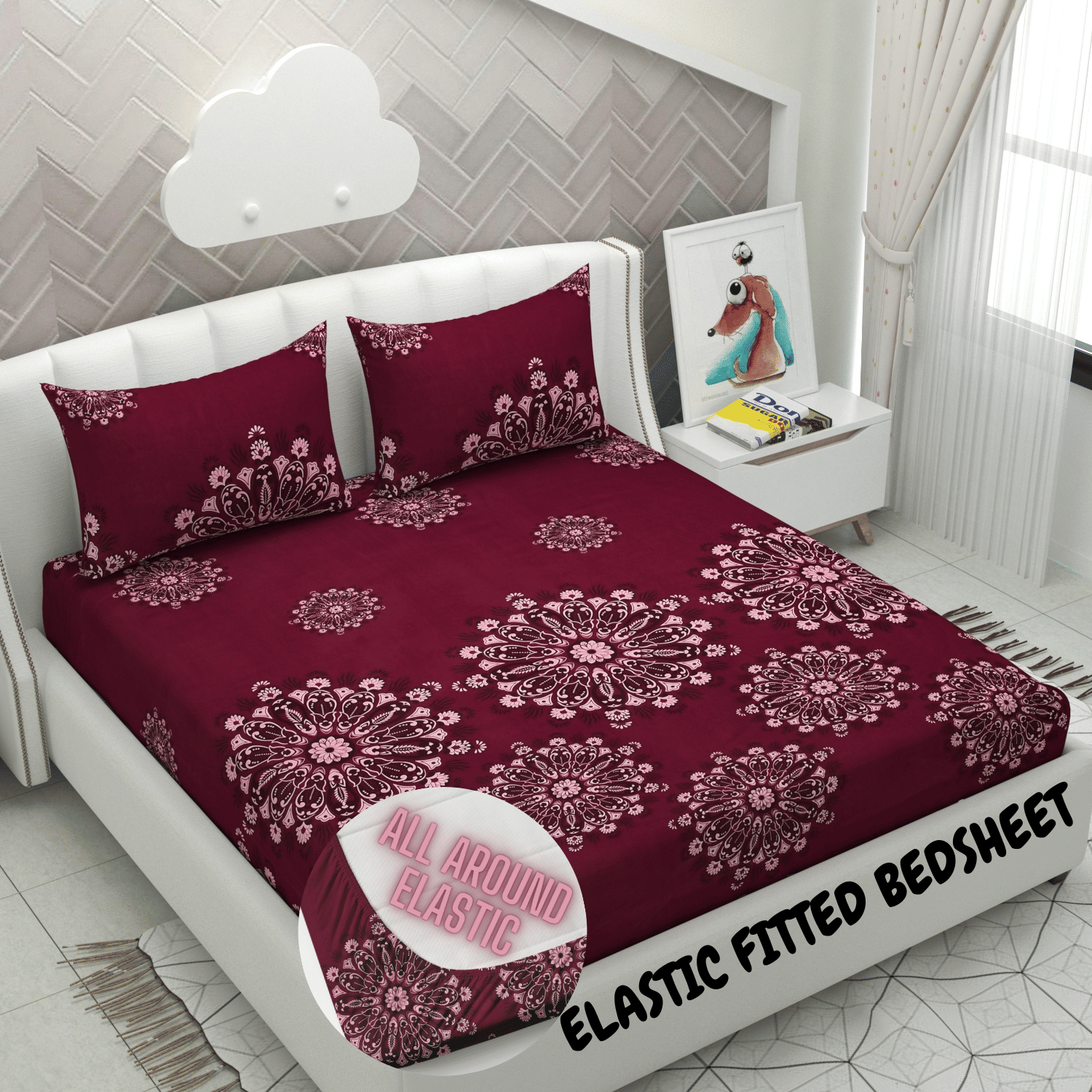 SWIZIER Cotton Floral Printed Fitted 1 Bedsheet with 2 Pillow Covers ( King Size ) - Maroon