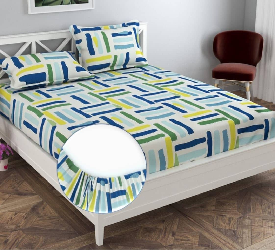 SWIZIER Cotton Geometric Fitted 1 Bedsheet with 2 Pillow Covers ( King Size ) - Multi