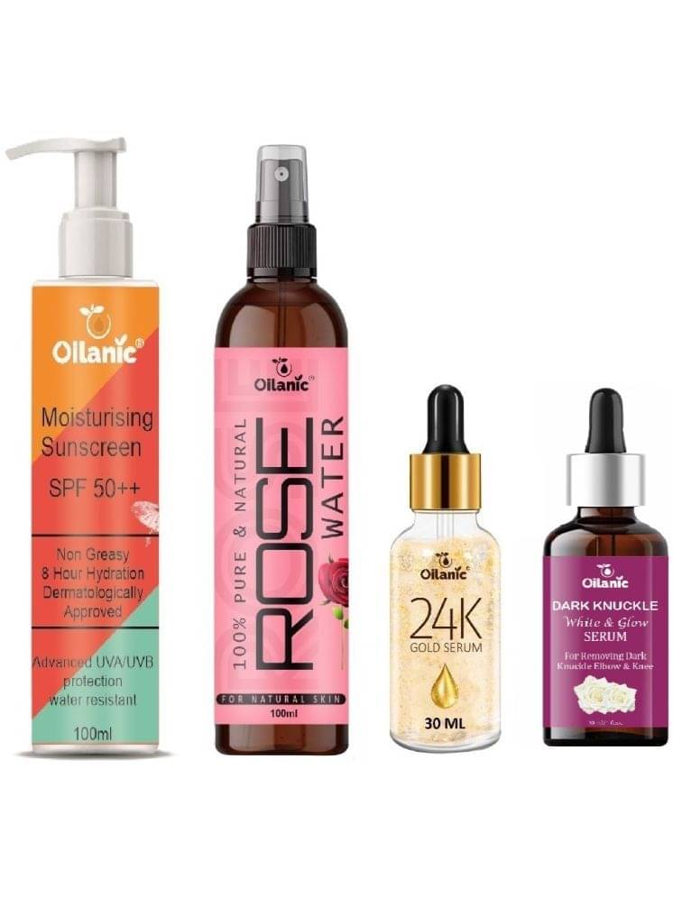 Sunscreen with SPF 50++ Lightweight 100ml, Rose water for Hyrated Skin 100ml, 24K Gold Facial Serum 30ml & Dark Knuckle Serum for Whitening 30ml - Combo of 4 Items Sunscreen with SPF 50++ Lightweight 100ml, Rose water for Hyrated Skin 100ml, 24K Gold Facial Serum 30ml & Dark Knuckle Serum for Whitening 30ml - Combo of 4 Items