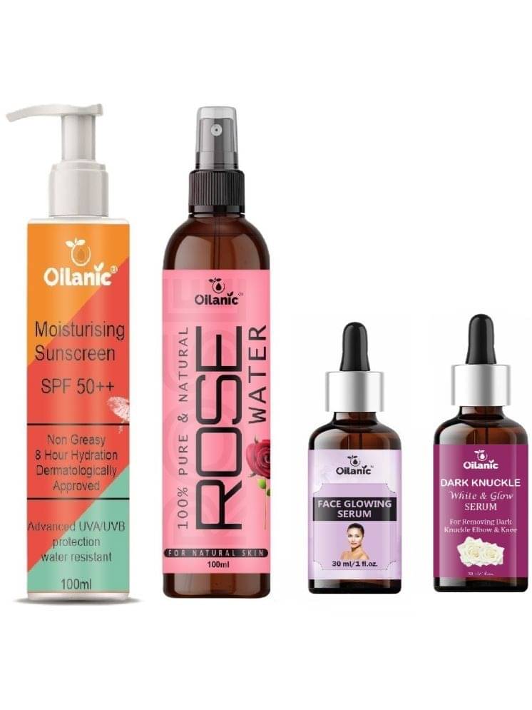 Sunscreen with SPF 50++ Lightweight 100ml, Rose water for Hyrated Skin 100ml, Face Glowing Serum 30ml & Dark Knuckle Serum for Whitening 30ml - Combo of 4 Items Sunscreen with SPF 50++ Lightweight 100ml, Rose water for Hyrated Skin 100ml, Face Glowing Serum 30ml & Dark Knuckle Serum for Whitening 30ml - Combo of 4 Items