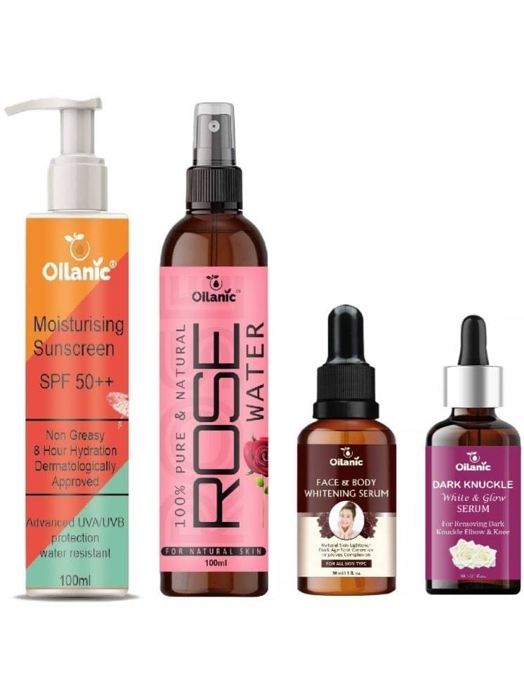 Sunscreen with SPF 50++ Lightweight 100ml, Rose water for Hyrated Skin 100ml, Face and Body whitening Serum 30ml & Dark Knuckle Serum for Whitening 30ml - Combo of 4 Items Sunscreen with SPF 50++ Lightweight 100ml, Rose water for Hyrated Skin 100ml, Face and Body whitening Serum 30ml & Dark Knuckle Serum for Whitening 30ml - Combo of 4 Items
