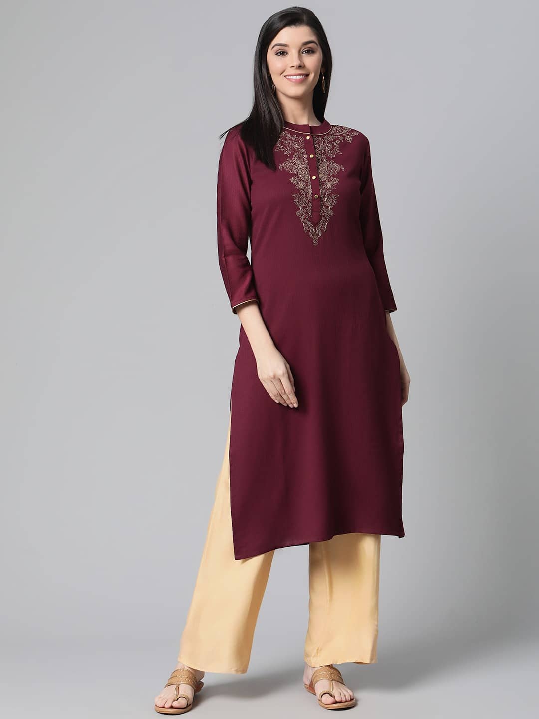 Vaamsi Cotton Embellished Straight Women's Kurti - Burgundy ( Pack of 1 ) - Kurtis, Tunics | Buy online on ZillyBuy