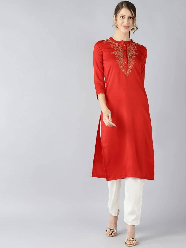 Vaamsi Rayon Embroidered Straight Women's Kurti - Red ( Pack of 1 ) - Kurtis, Tunics | Buy online on ZillyBuy